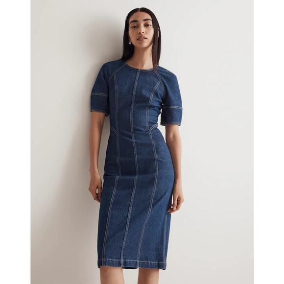 NWT Madewell Denim Puff-Sleeve Midi Dress Allister Wash Blue Jean Dress Size 8 - Picture 1 of 6
